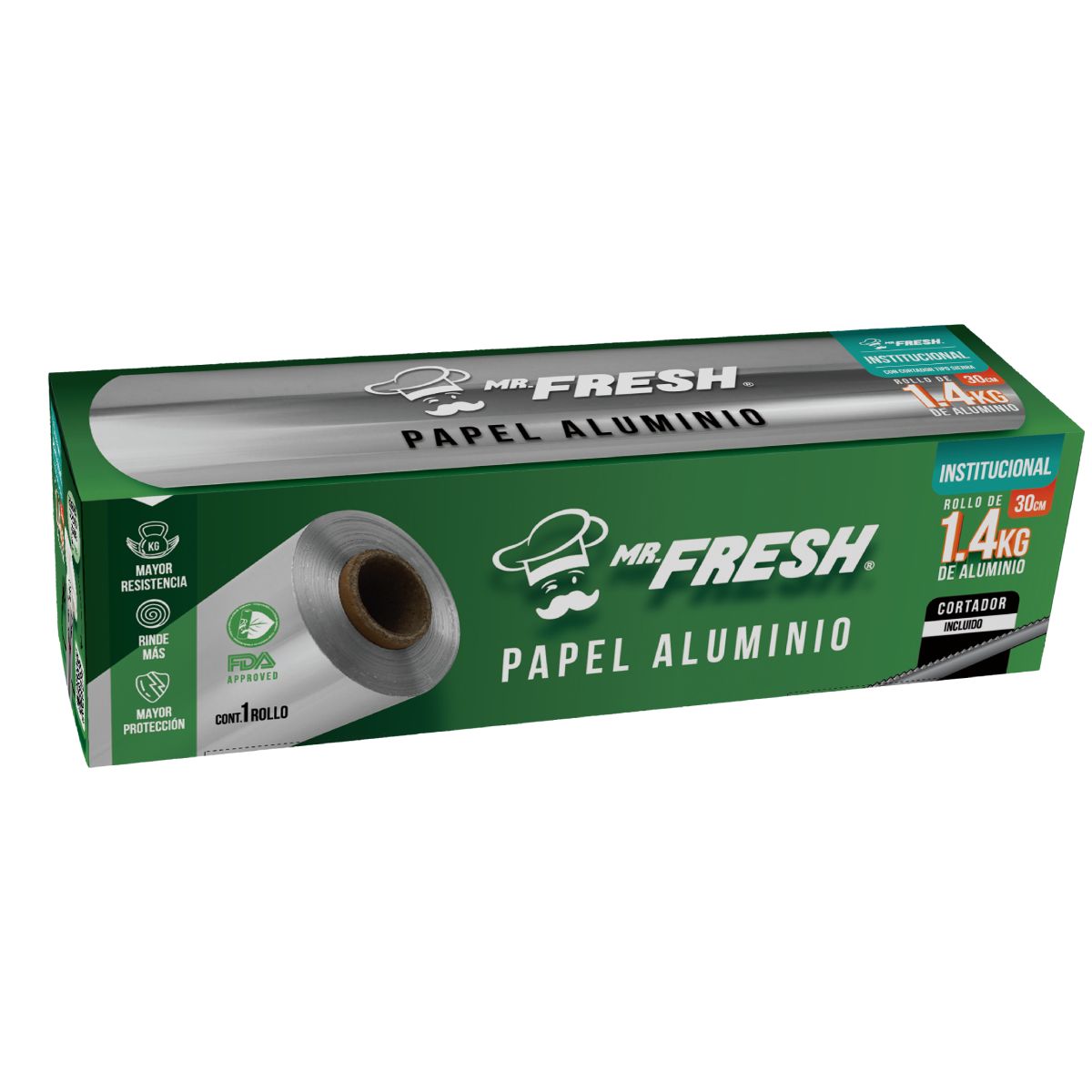 Papel Aluminio de Grado Alimenticio Mr Fresh. El papel aluminio Mr Fresh es la solución perfecta para tus necesidades de conservación y cocina. Diseñado con los más altos estándares, cuenta con certificación FDA, garantizando que es seguro para el contacto con alimentos. Características principales: * Grado alimenticio: Ideal para envolver, conservar y cocinar alimentos aprobado por FDA. * Espesor de 18 micras: Ofrece resistencia superior para un uso seguro y eficiente. * Ancho de 30 cm: Tamaño práctico y versátil para múltiples aplicaciones en la cocina. *Presentación de 1.5 kg: Cantidad perfecta para satisfacer las exigencias de cocinas comerciales y del hogar. *Versatilidad y calidad que se nota: Mr Fresh es la elección confiable para mantener tus alimentos frescos, protegerlos durante la cocción o almacenarlos sin preocuparte por la calidad. Perfecto para chefs profesionales, negocios de alimentos y amantes de la cocina. ¡El aliado imprescindible en tu cocina!